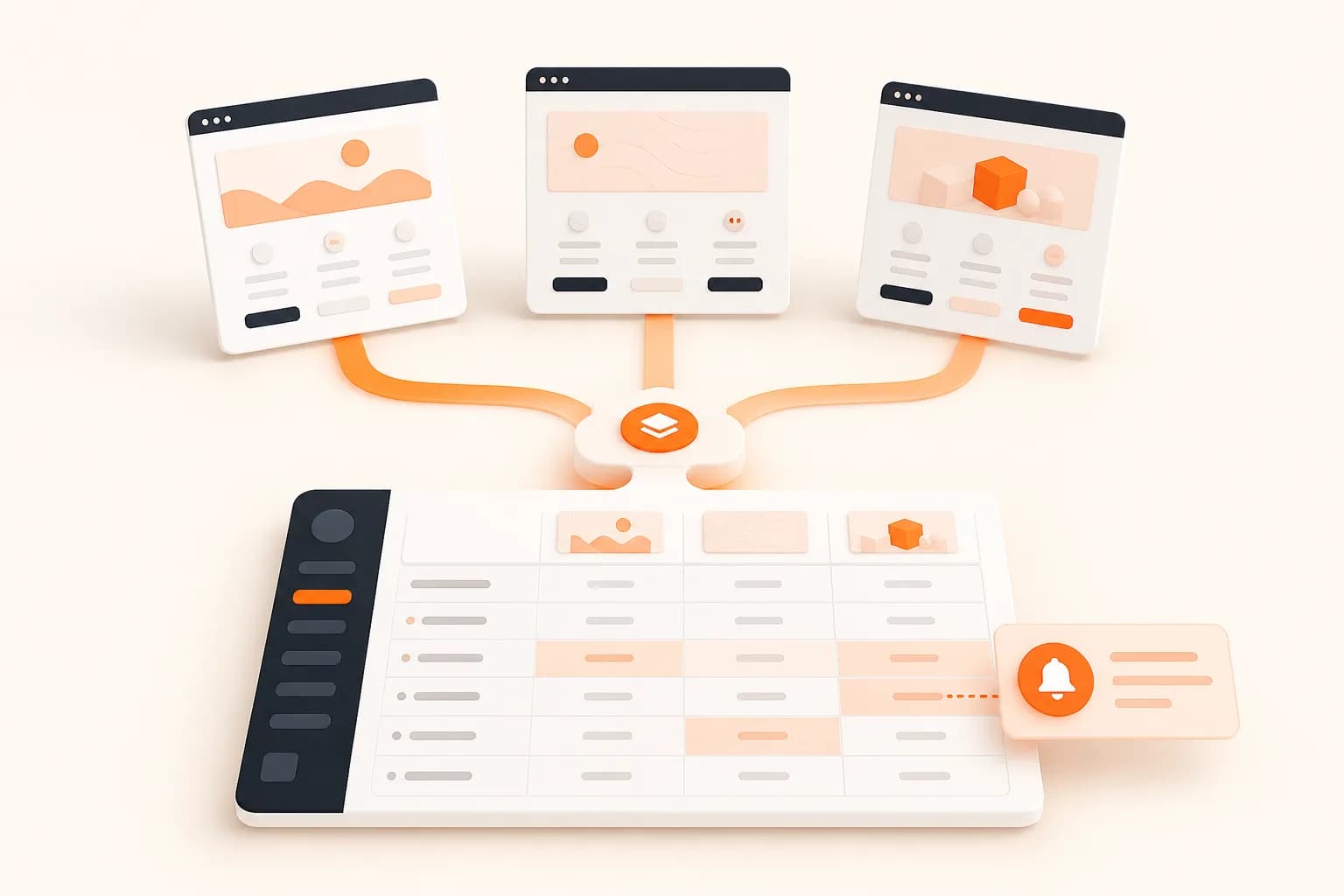 Several generic competitor pages feeding a comparison dashboard and visual change alert