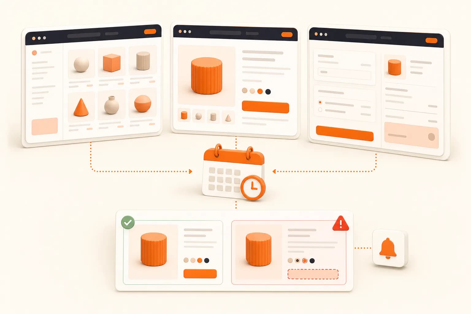 Product grid, product detail, and checkout page states connected to scheduled visual comparison alerts