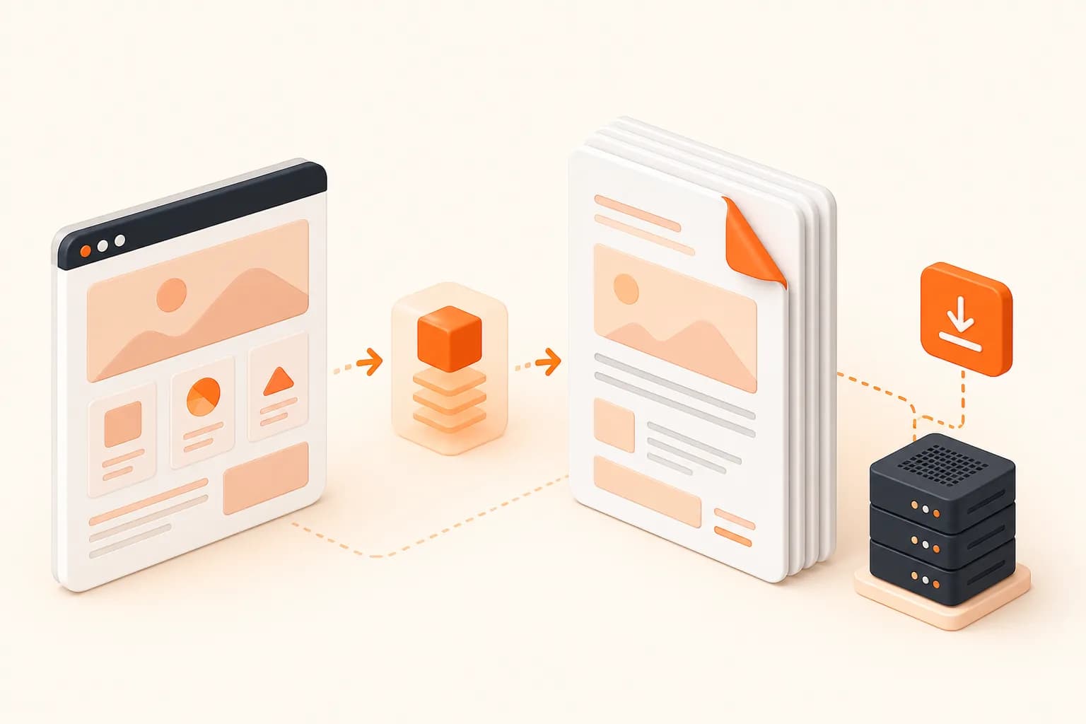 Browser-rendered webpage flowing into a multi-page PDF document