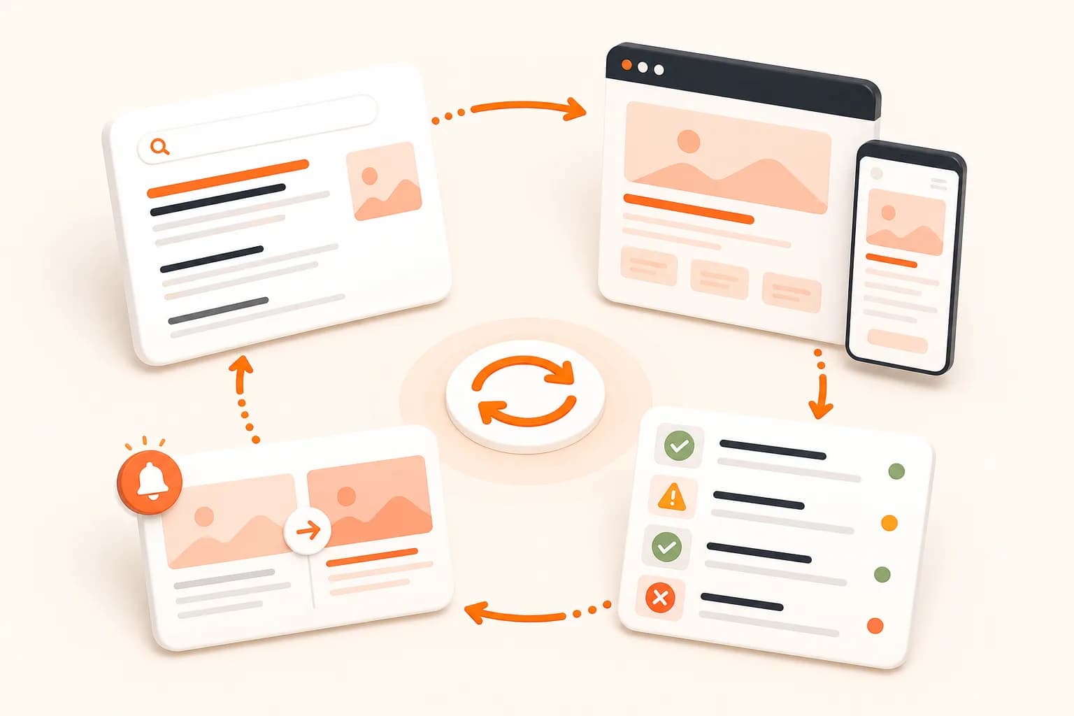Search result and responsive page states connected to a recurring SEO monitoring and visual alert workflow