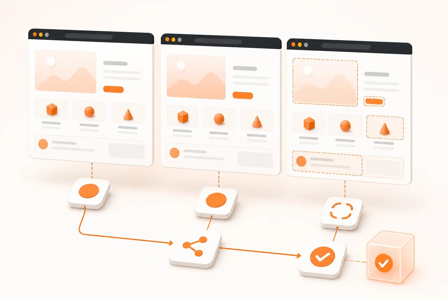 Visual regression testing workflow comparing before, after, and diff page states
